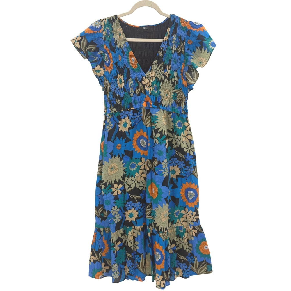 Rails Blue Floral Smocked Cotton Midi Dress V-Neck Flutter Sleeve Large